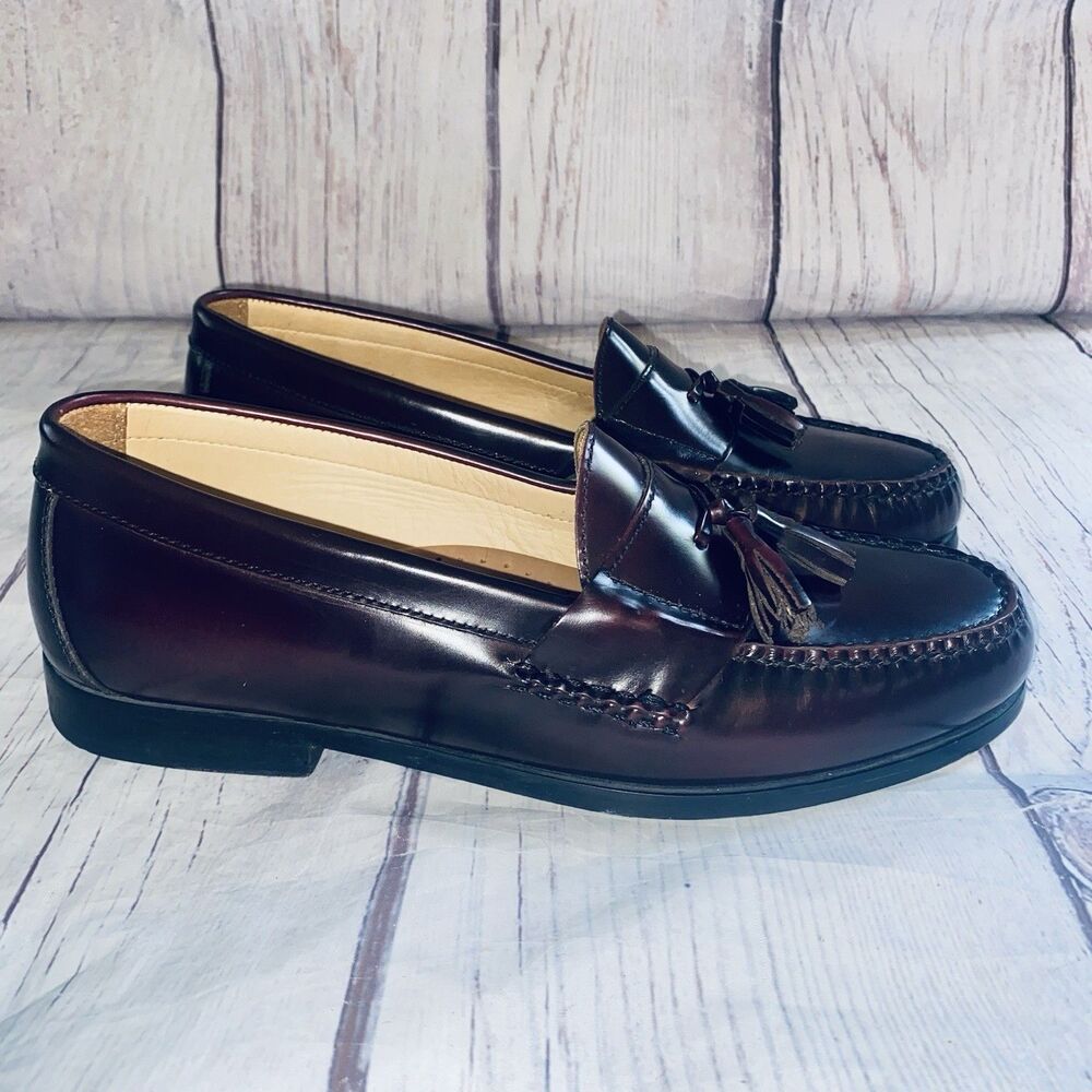 Johnston & Murphy Mens 9.5 M Burgundy Leather Tassel Loafers Dress Shoes Brazil